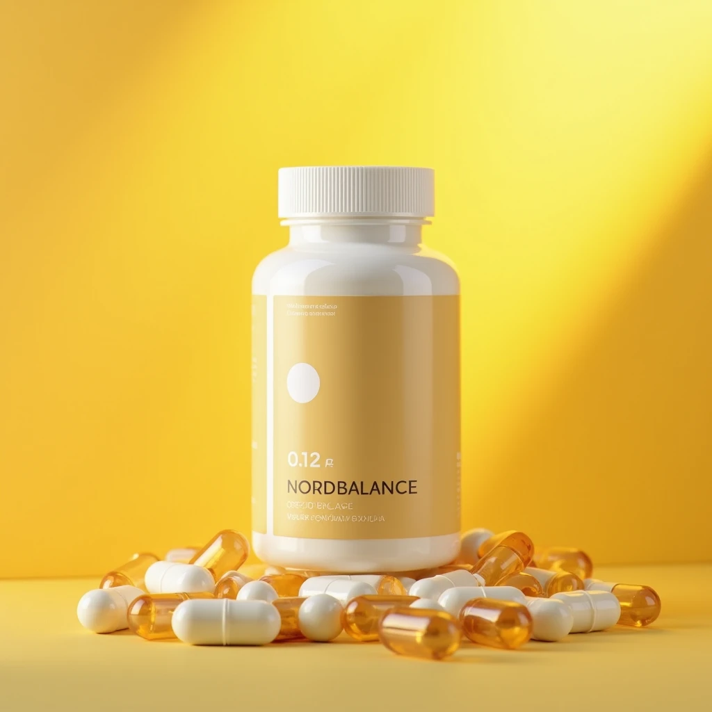 NordBalance supplement bottle with gradient label on a soft yellow studio background